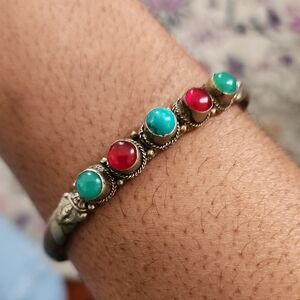 Sterling Silver Turquoise Red Gemstone Bracelet Cabochon Link Vintage